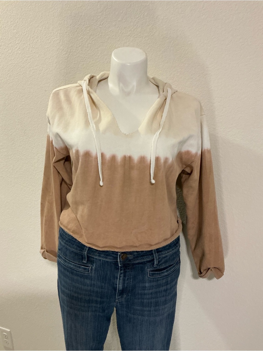 GAP Dip-Dye V-Neck Hoodie in Cream and Tan